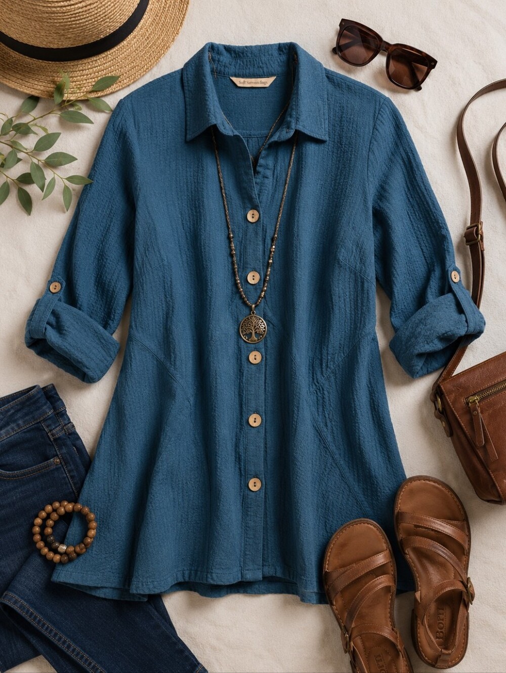 Soft Surroundings NWT Turquise Button Up L Sleeve Tunic Shirt. Ladies Large